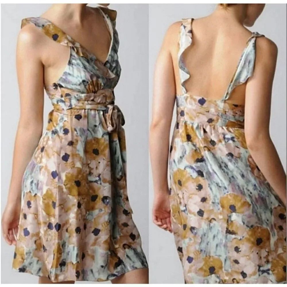 Theory Galla Dress Silk Watercolor Wrapover Bodice Open Back Ruffled Tie Waist 8